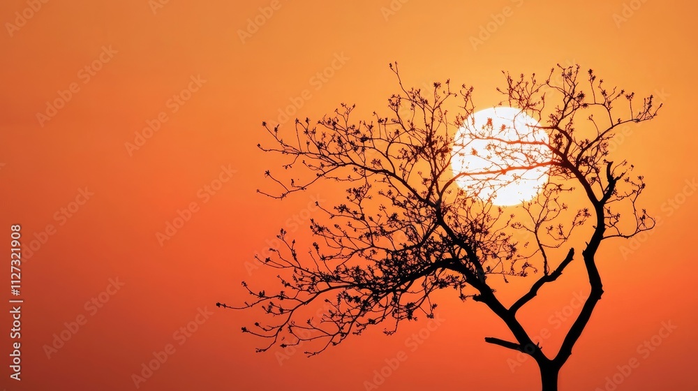 Poster silhouetted tree against a vibrant sunset with sun casting warm glow in the background creating a se