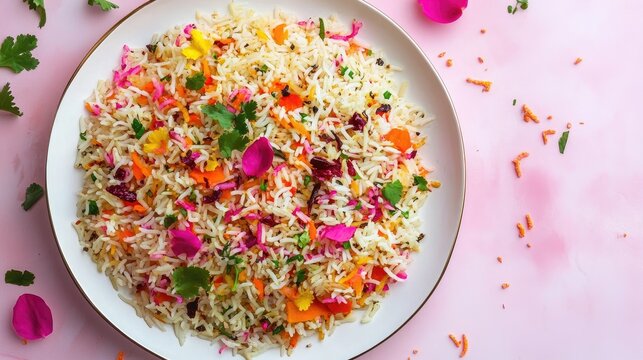 Vibrant Pakistani Zarda rice adorned with colorful flowers served on a white plate against a soft pink background