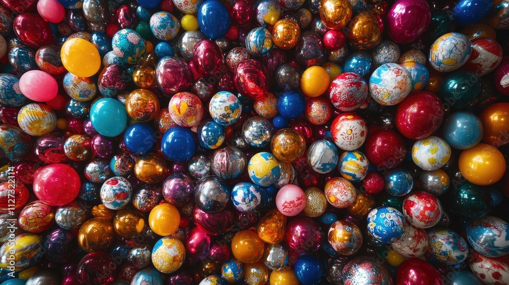 Poster Colorful collection of decorative balls in various sizes and patterns creating a vibrant festive background for celebrations and events