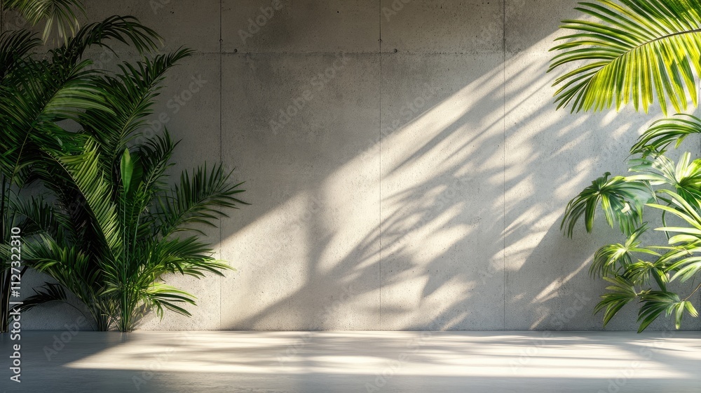 Poster modern empty room with blank concrete wall and tropical plants creating a serene minimalist interior