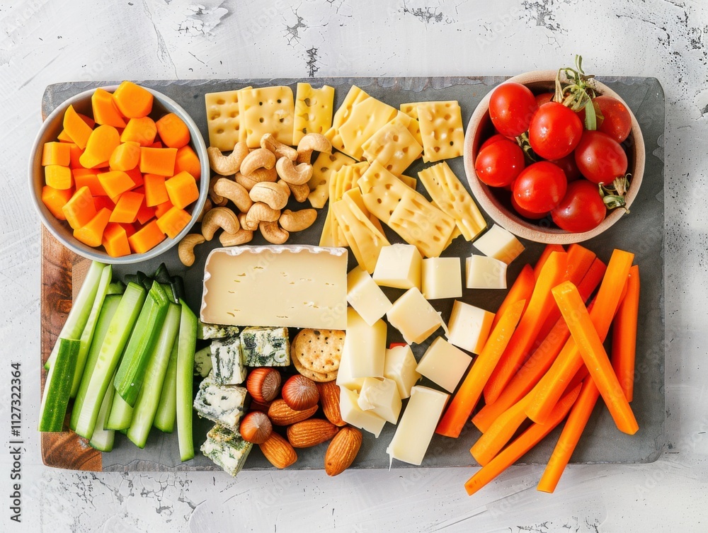 Canvas Prints A vibrant low-carb snack platter. featuring cheese, nuts, and vegetable sticks. focusing on nutritious and satisfying snacks. Ideal for snack idea blogs