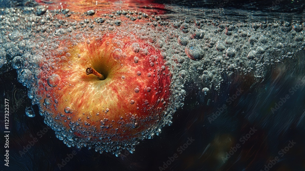 Poster Fresh red apple submerged in water creating captivating bubbles and sparkles evoking a sense of freshness and vitality.