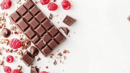 Chocolate bar with raspberries and chocolate pieces on a white background showcasing a delicious dessert arrangement
