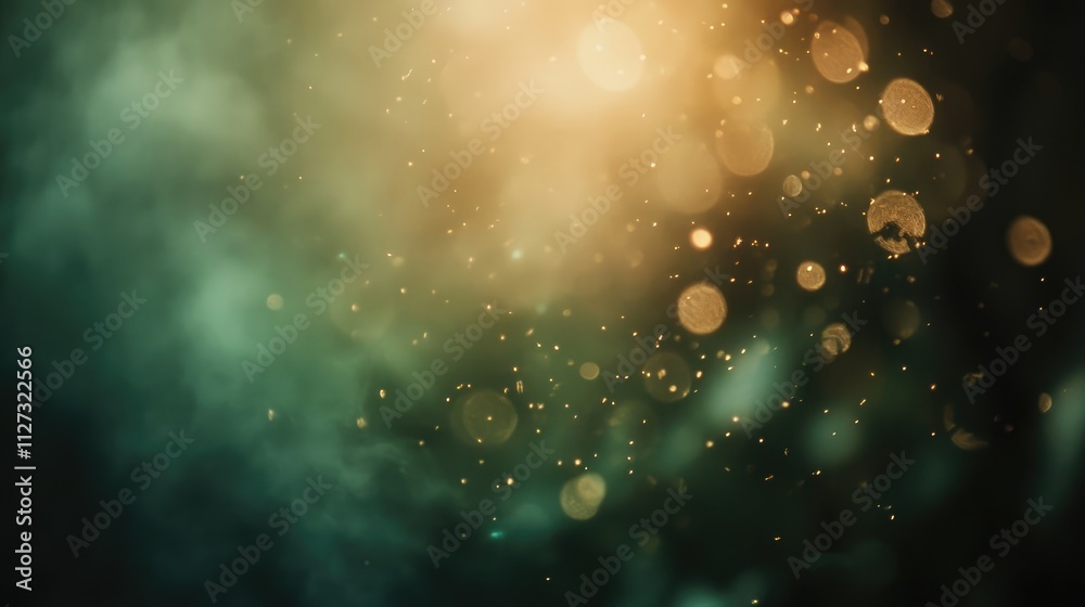 Poster Vintage bokeh light background with golden and green hues creating a dreamy and atmospheric effect for design projects and presentations