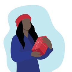 African American girl in red beret with gift in hands, faceless illustration, flat style, isolate on white background