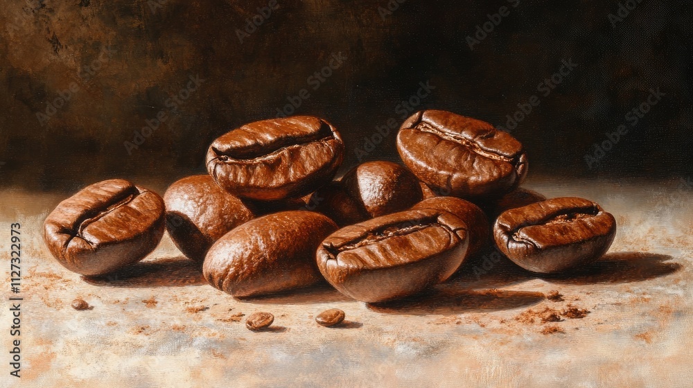 Poster Dark roasted coffee beans arranged on a rustic surface showcasing their rich texture and color with a blurred background.