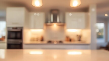 blurred modern kitchen interior with soft lighting and minimalist design for stylish background use
