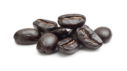 Obraz premium Rich dark roasted coffee beans isolated on white background showcasing their glossy texture and distinct shape for beverage and culinary use.