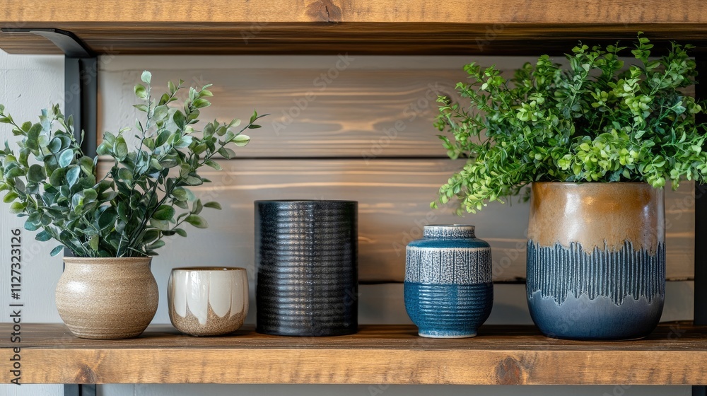 Poster Decorative shelving unit showcasing an array of stylish plants and decor items in a modern interior setting.