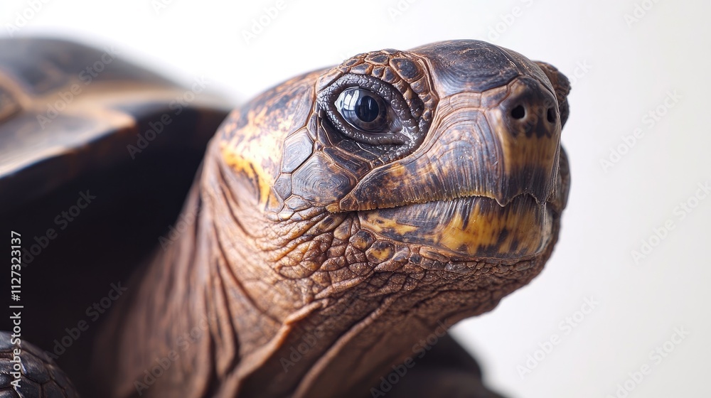 Poster Spurred tortoise close-up portrait displaying unique features and charming expression on a clean white background