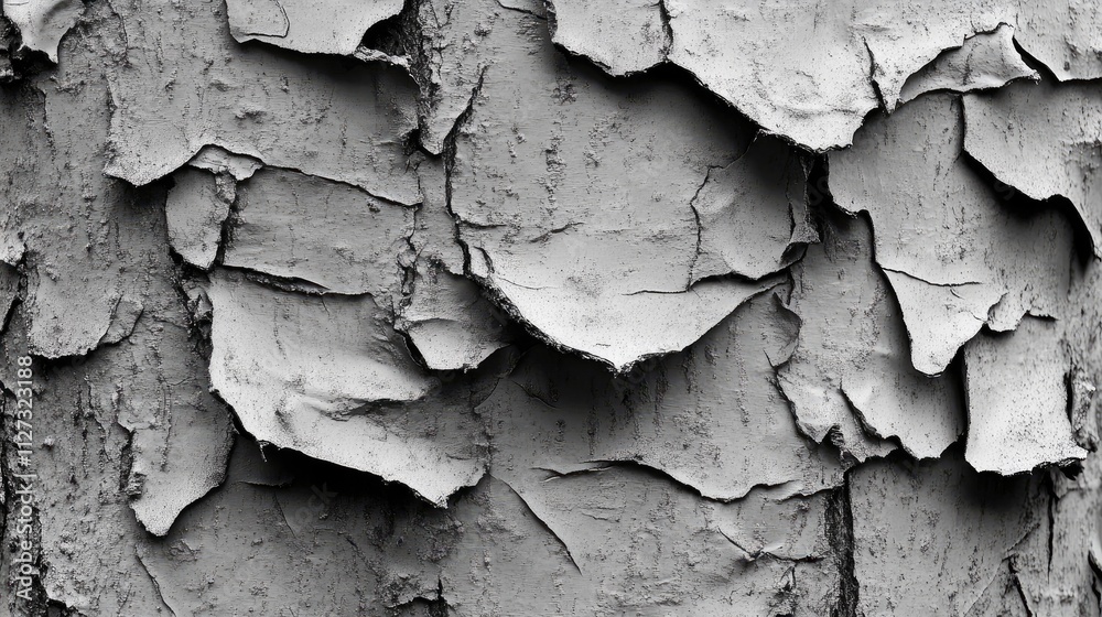 Poster Textured close-up of weathered bark showcasing intricate layers and natural patterns in monochrome tones. Ideal for nature and design themes.
