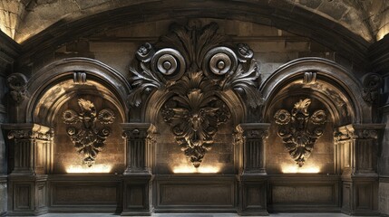 Naklejka premium Ornate architectural wall with intricate carvings and subtle lighting.
