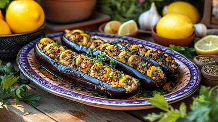 Rustic outdoor setup with stuffed eggplants on a ceramic plate, surrounded by fresh lemons and Mediterranean spices