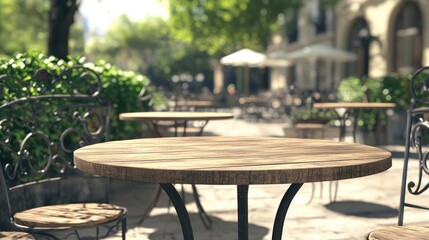 Fototapeta premium Outdoor cafe scene featuring wooden tables in focus surrounded by greenery and inviting ambiance ideal for relaxation and social gatherings