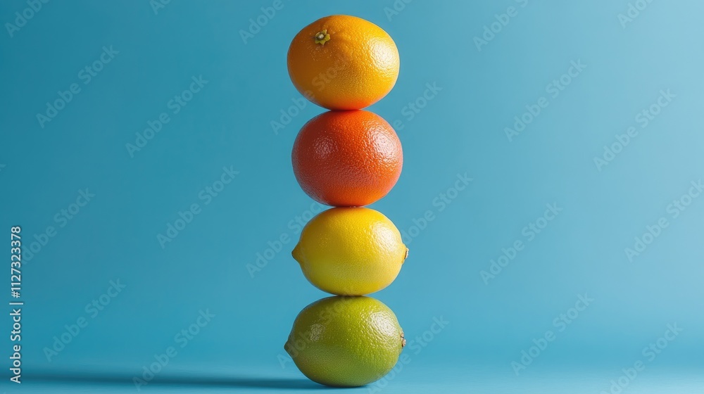 Aufkleber colorful citrus fruit pyramid balanced on a table against a blue background showcasing grapefruit li