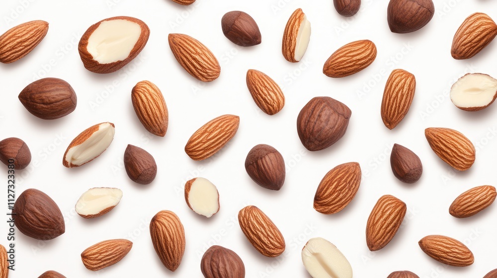 Poster Almonds scattered on a clean white background showcasing various types and textures of the nuts for culinary and health applications