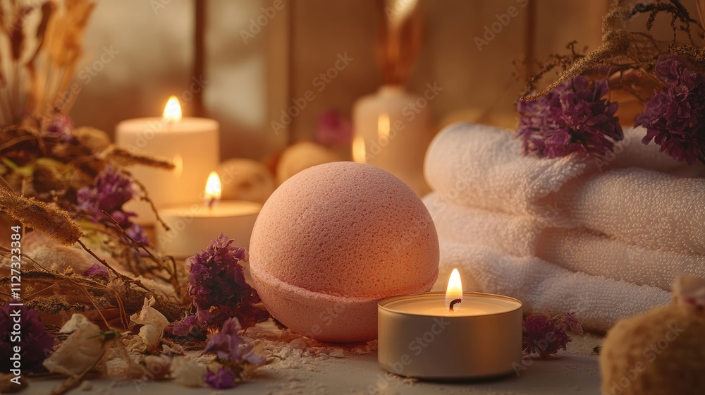 Poster Bath bombs and candles in a tranquil spa setting with dried flowers and towels creating a serene aromatherapy atmosphere