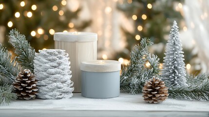 Festive winter scene with candles, pine cones, and miniature trees.
