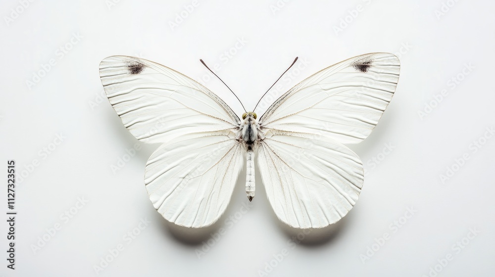 Poster Elegant white butterfly displayed on a pristine white background highlighting its delicate wings and intricate details.
