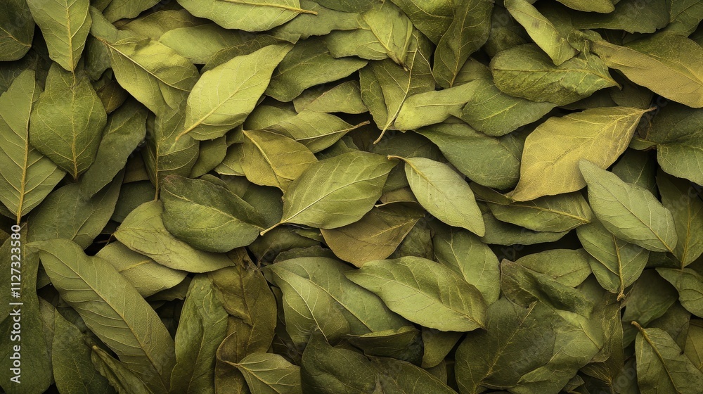 Poster High angle view of a dense pile of various green leaves creating a natural backdrop with ample space on the left for personalized messaging