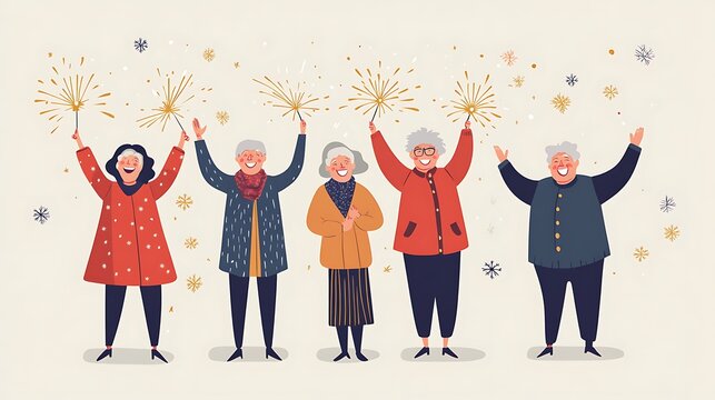 Five happy senior women celebrating with sparklers.