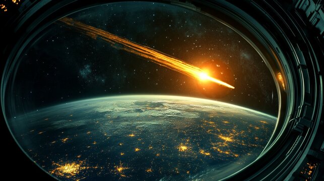 Spaceship view on Earth at night from alien planet with craters, neon space background with falling meteor in dark starry sky, fantasy landscape through shuttle window. Cartoon vector illustration