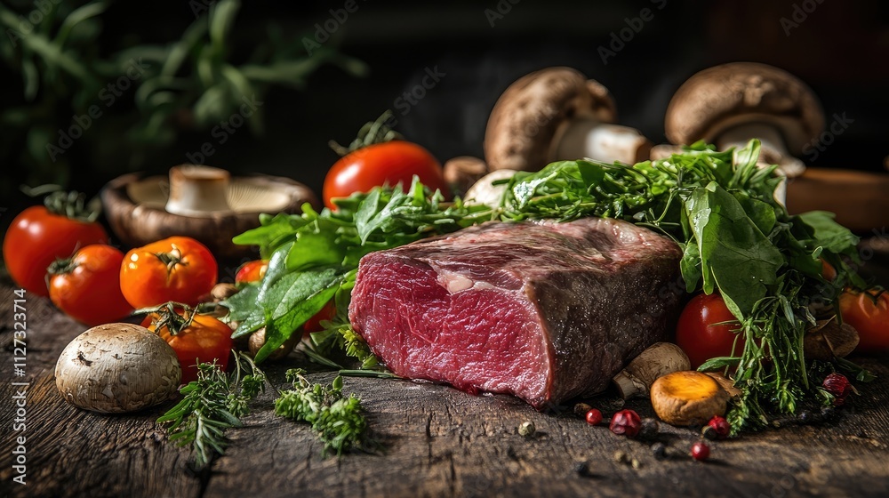Poster beef cheeks surrounded by fresh vegetables and mushrooms in natural light rustic still life composit