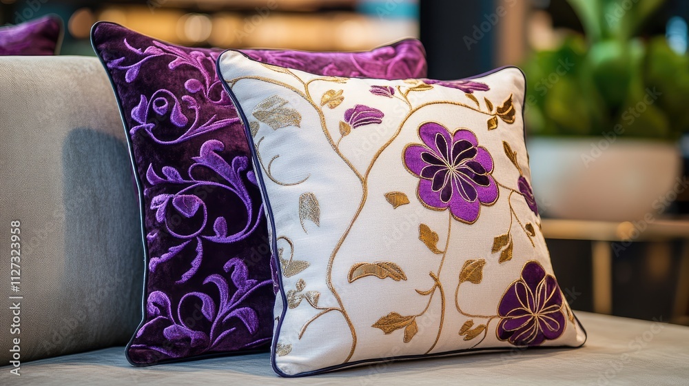 Poster Elegant decorative pillows with floral patterns on a plush sofa creating a cozy and inviting interior space ambiance.