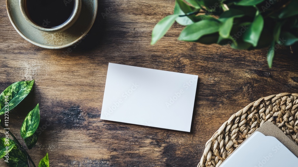 Poster elegant blank business card mockup on a wooden surface with coffee and foliage for branding and desi