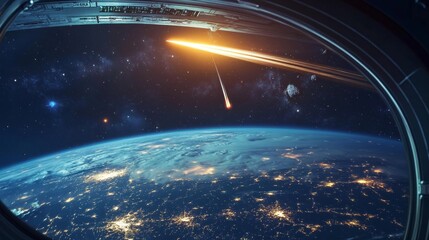 Spaceship view on Earth at night from alien planet with craters, neon space background with falling meteor in dark starry sky, fantasy landscape through shuttle window. Cartoon vector illustration