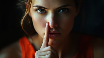 Fototapeta premium woman showing a sign of silence with her finger