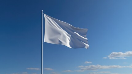 White flag waving gently in the breeze against a clear blue sky symbolizing peace neutrality or surrender with soft clouds in the background