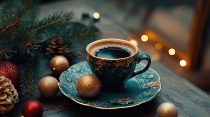 Obraz premium cozy cup of coffee surrounded by festive Christmas decorations and fir branches in a warm holiday setting
