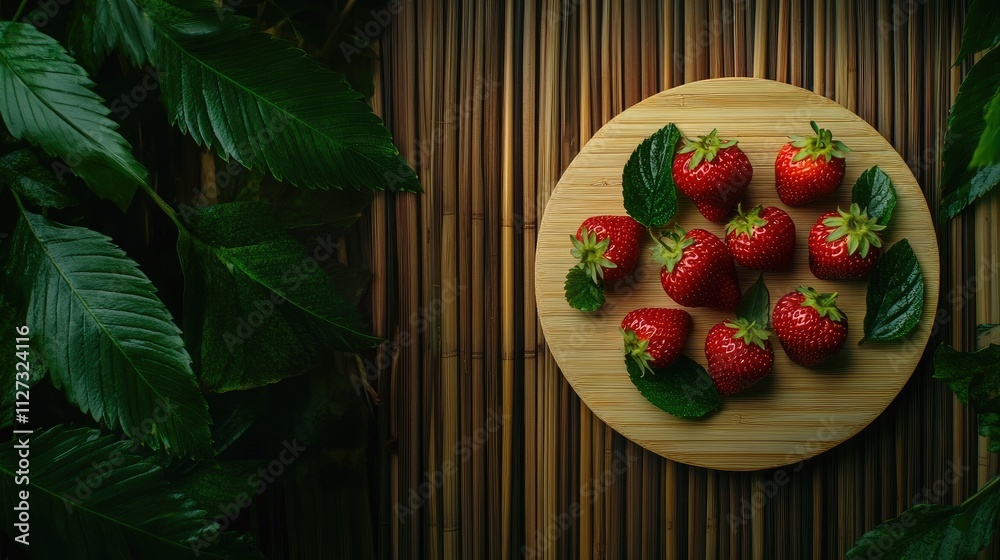 Poster aerial view of fresh strawberries with green leaves arranged on a bamboo plate showcasing rich color