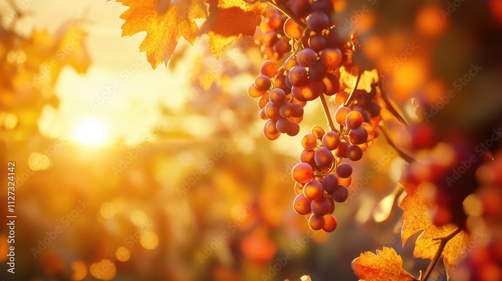 Poster sunset over autumn vineyard with ripe grapes and vibrant red leaves creating a warm, golden atmosphe