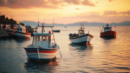 Fototapeta premium Fishing boats on calm sea at sunset with selective focus creating a serene and picturesque evening atmosphere