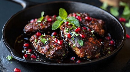 Stuffed eggplants served on a cast iron skillet, garnished with pomegranate seeds and a sprig of fresh mint