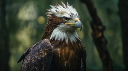 Fototapeta premium Majestic eagle with distinctive white tail feathers perched in a serene forest setting showcasing its powerful presence and sharp gaze.