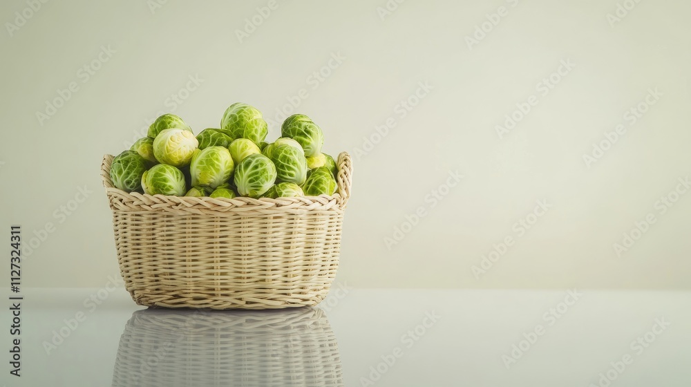 Poster fresh brussels sprouts in a woven basket on a reflective surface against a soft neutral background s