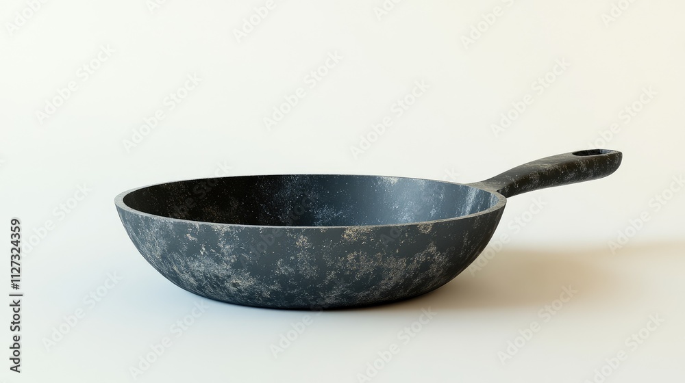 Poster Vintage black frying pan with curved handle displayed on a clean white background for kitchenware and cooking theme imagery