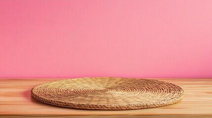 Wooden table with wicker mat on pink wall background ideal for Mexican party themed design and product display mock up
