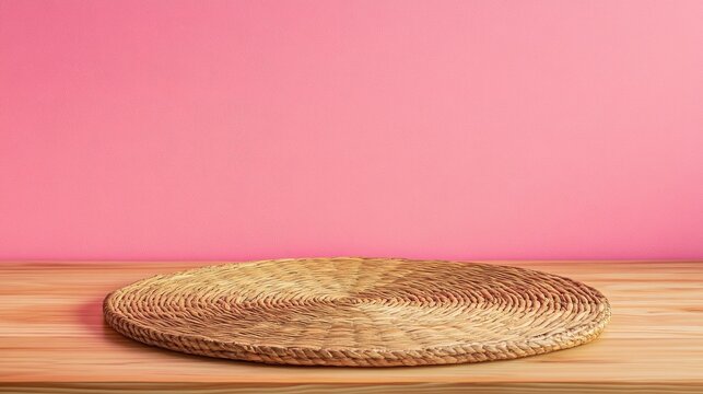 Wooden table with wicker mat on pink wall background ideal for Mexican party themed design and product display mock up