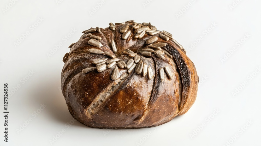 Poster french rye bread bun topped with sunflower seeds on a plain white background highlighting its textur