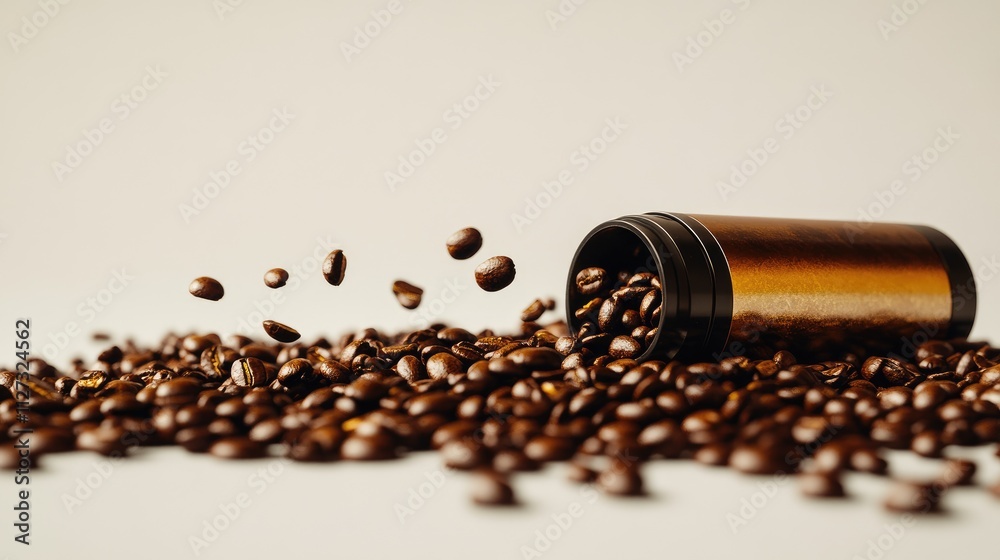 Poster coffee beans spilling from a container on a white backdrop showcasing freshness and quality of coffe