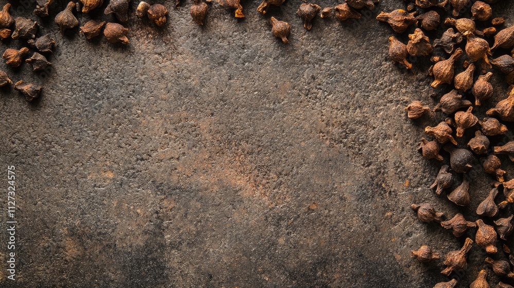 Poster dried brown cloves arranged on a textured stone surface creating a rustic culinary background for fo
