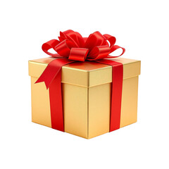 Obraz premium Christmas Gold gift box with red bow ribbon isolated on a Transparent Background cutout 