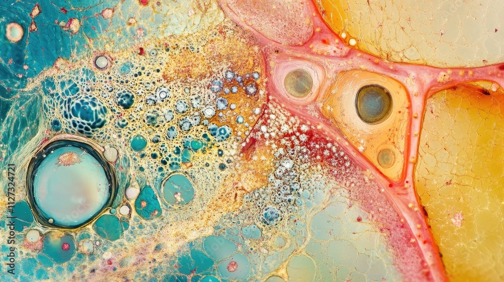 Poster Microscopic view of colorful abstract biological structures showcasing intricate patterns and textures for scientific and educational purposes