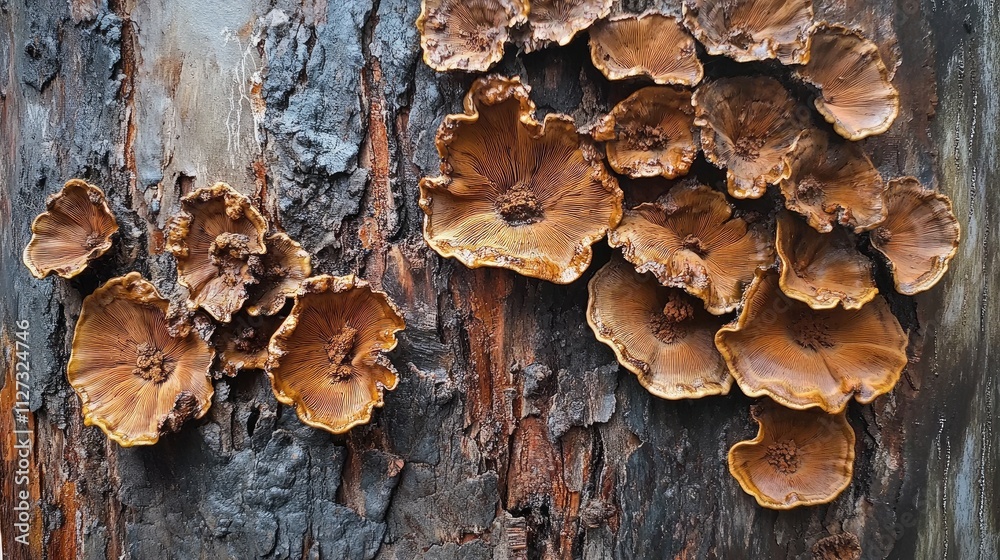 Aufkleber brown fungus growing on a textured tree trunk in a moist environment showcasing nature's resilience 