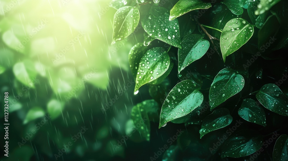 Poster Lush tropical ivy leaves with raindrops creating a serene and refreshing natural background in soft sunlight ambiance.