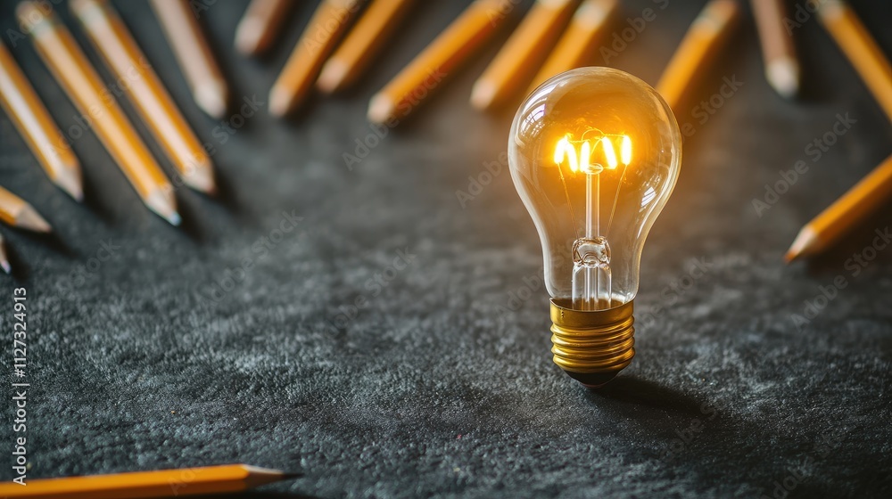 Poster creative inspiration concept with a glowing light bulb surrounded by pencils and question mark symbo